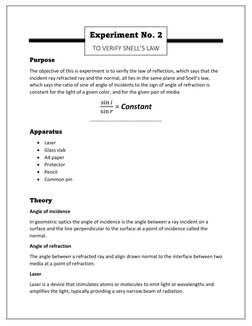 Experiment No. 2 
TO VERIFY SNELL’S LAW 
Purpose  
The objective of this is experiment is to verify the law of reflection,