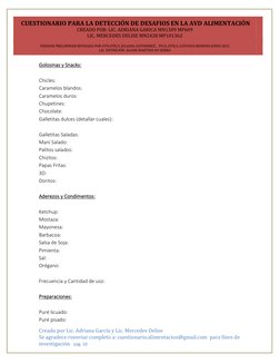 CUESTIONARIO PARA LA DETECCIÓN DE DESAFIOS EN LA AVD ALIMENTACIÓN 
CREADO POR: LIC. ADRIANA GARICA MN1309 MP609  
LIC. MERCE