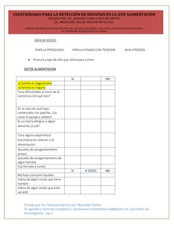 CUESTIONARIO PARA LA DETECCIÓN DE DESAFIOS EN LA AVD ALIMENTACIÓN 
CREADO POR: LIC. ADRIANA GARICA MN1309 MP609  
LIC. MERCE
