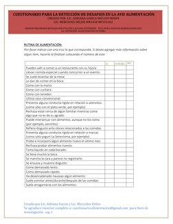 CUESTIONARIO PARA LA DETECCIÓN DE DESAFIOS EN LA AVD ALIMENTACIÓN 
CREADO POR: LIC. ADRIANA GARICA MN1309 MP609  
LIC. MERCE