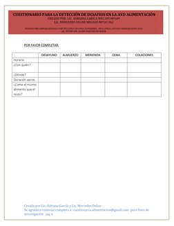 CUESTIONARIO PARA LA DETECCIÓN DE DESAFIOS EN LA AVD ALIMENTACIÓN 
CREADO POR: LIC. ADRIANA GARICA MN1309 MP609  
LIC. MERCE