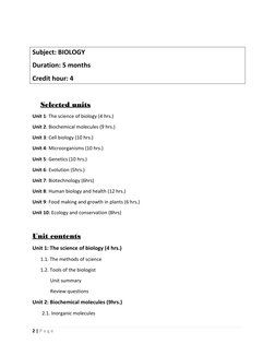 2 | P a g e  
 
 
Subject: BIOLOGY 
Duration: 5 months 
Credit hour: 4 
 
Selected units 
Unit 1: The science of biology (4 h