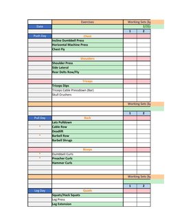 Exercises
Working Sets (kgs) (3*8-12 reps)
Date
2/22/2022
1
2
Push Day
Chest
Incline Dumbbell Press
Horizontal Machine Press