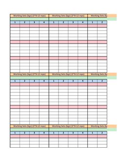 Working Sets (kgs) (3*8-12 reps)
Working Sets (kgs) (3*8-12 reps)
Working Sets (kgs) (3*8-12 reps)
1
2
3
4
1
2
3
4
1
2
Workin