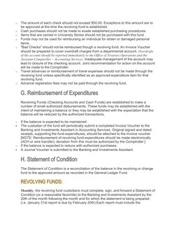 o
The amount of each check should not exceed $50.00. Exceptions to this amount are to 
be approved at the time the revolving