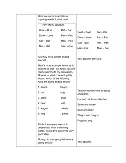 Here are some examples of 
rhyming words. Let us read.
     RHYMING WORDS
Goat – Boat             Bat – Cat
Dove – Love