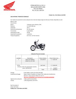 STERN MOTOS S.A. DE C.V.
BOULEVARD NORTE 2656
COL.LAS HADAS
TEL: 01 222 2 497373
Puebla, Pue. 15 de febrero del 2023
JOSE ANT