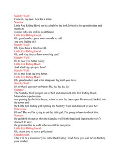Sketchy Wolf:
Come in, my deer. Rest for a while
Narrator:
Little Red Riding Hood sat in a chair by the bed, looked at her gr