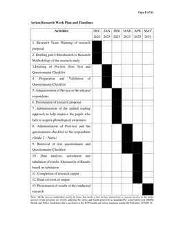 Page 9 of 11 
 
Action Research Work Plan and Timelines 
Activities 
DEC 
2022 
JAN 
2023 
FEB 
2023 
MAR 
2023 
APR 
2023 
M