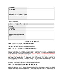 DIRECCIÓN:
TELÉFONO:
MAPA DE UBICACIÓN DE LA SEDE
Tabla 3. Otras sedes
DATOS DE LA COMPAÑÍA – SEDE XX
CIUDAD:
DIRECCIÓN:
TELÉ