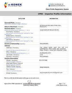Client Profile Registration System 
Page - 1 / 6 
CPRS Importer Form 
Approved for CPRS registration by: ALYSSA ESCARLAN BULO