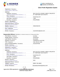 Client Profile Registration System 
Page - 5 / 6 
CPRS Importer Form 
Approved for CPRS registration by: ALYSSA ESCARLAN BULO