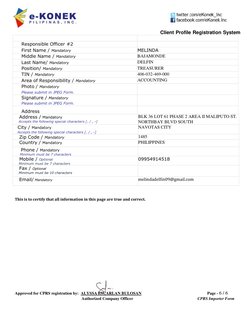 Client Profile Registration System 
Page - 6 / 6 
CPRS Importer Form 
Approved for CPRS registration by: ALYSSA ESCARLAN BULO
