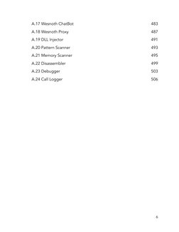 A.17 Wesnoth ChatBot 
483 
A.18 Wesnoth Proxy 
487 
A.19 DLL Injector 
491 
A.20 Pattern Scanner 
493 
A.21 Memory Scanner 
4