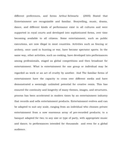different  preferences,  and  forms  Arthur Schwartz   (2005)  Stated  that
Entertainment  are  recognizable  and  familiar.