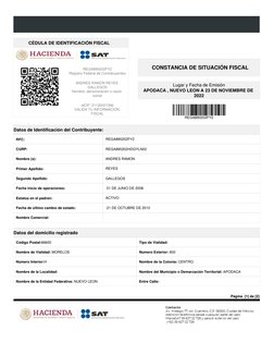 Página  [1] de [2] 
CÉDULA DE IDENTIFICACIÓN FISCAL 
REGA890202FY2
Registro Federal de Contribuyentes
ANDRES RAMON REYES 
GAL