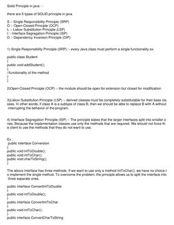Solid Principle in java : -  
  
there are 5 types of SOLID principle in java   
  
S :- Single Responsibility Principle (SRP