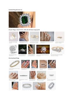 Cocktail Ring (đá siêu to)
Cluster Rings: 1 đá chủ lớn, nhiều đá nhỏ bao xung quanh
Eternity Band Rings
