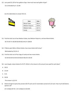 12) Larry paid $11.20 for four gallons of gas. How much was each gallon of gas? 
 $11.20 divided by 4 = $2.08
 
 
Use the tab