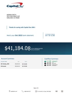 capitalone.com 
1-888-464-0727 
P.O. Box 60, St. Cloud, MN 56302 
 
$41,184.0 
TOTAL ENDING BALANCE 
IN ALL ACCOUNTS 
Cashflo