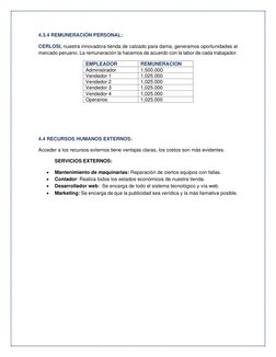 4.3.4 REMUNERACIÓN PERSONAL: 
CERLOSI, nuestra innovadora tienda de calzado para dama, generamos oportunidades al 
mercado pe