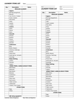LAUNDRY ITEMS LIST
Date: ______________
Qty
Description
Notes
REGULAR LAUNDRY
Uppers
Barongs (long/short)
Blouses
Caps / Bonn