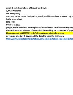 email & mobile database of Industries & SMEs
3,47,267 records
INR 2199/- only
company name, name, designation, email, mobile