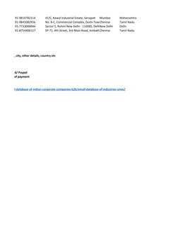 91-9819782114
41/C, Kewal Industrial Estate, Senapati 
Mumbai
Maharashtra
91-9845082926
No. 8-C, Commercial Complex, Doshi To