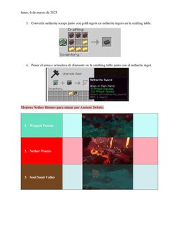 lunes, 6 de marzo de 2023 
3. Convertir netherite scraps junto con gold ingots en netherite ingots en la crafting table.