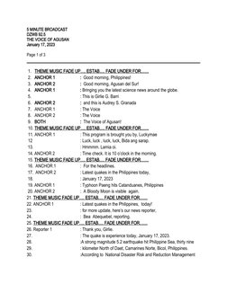 5 MINUTE BROADCAST
DZWB 92.5
THE VOICE OF AGUSAN
January 17, 2023
Page 1 of 3
1. THEME MUSIC FADE UP…. ESTAB…. FADE UNDER FOR