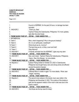 5 MINUTE BROADCAST
DZWB 92.5
THE VOICE OF AGUSAN
January 17, 2023
Page 2 of 3
1
: Council or NDRRMC, for the past 24 hours, n