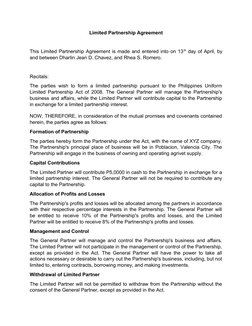 Limited Partnership Agreement
This Limited Partnership Agreement is made and entered into on 13th day of April, by
and betwee