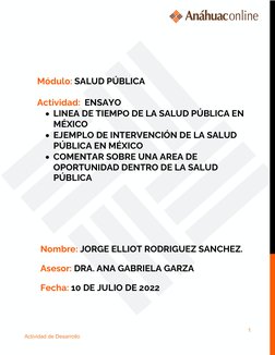 1 
Actividad de Desarrollo 
 
 
 
Módulo: SALUD PÚBLICA 
 
Actividad:  ENSAYO 
• LINEA DE TIEMPO DE LA SALUD PÚBLICA EN