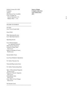 FinSAS Version 20111028
Source of Input
Company:
Company name here
Analyst:
Your name(s) here
Most Recent Year Available:
201