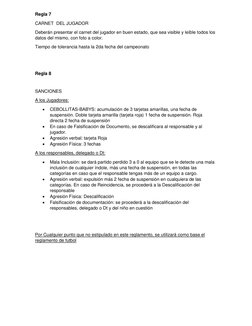 Regla 7 
CARNET  DEL JUGADOR 
Deberán presentar el carnet del jugador en buen estado, que sea visible y leíble todos los 
dat