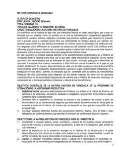 MATERIA: HISTORIA DE VENEZUELA 
III. TERCER SEMESTRE
FRECUENCIA: 2 HORAS SEMANAL
TOTAL SEMANAS: 20
TOTAL DE CLASES EN EL SEME