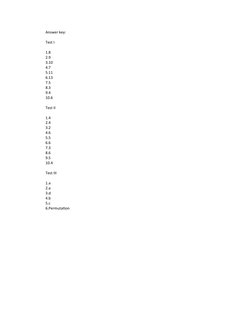 Answer key:
Test I 
1.8
2.9
3.10
4.7
5.11
6.13
7.5
8.3
9.4
10.6
Test II
1.4
2.4
3.2
4.6
5.5
6.6
7.3
8.6
9.5
10.4
Test III
1.a