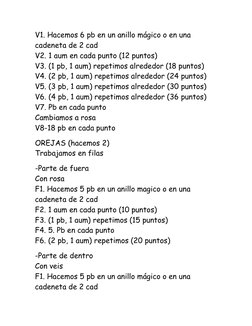 V1. Hacemos 6 pb en un anillo mágico o en una 
cadeneta de 2 cad 
V2. 1 aum en cada punto (12 puntos) 
V3. (1 pb, 1 aum) repe