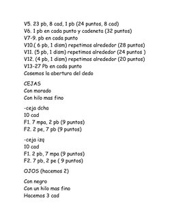 V5. 23 pb, 8 cad, 1 pb (24 puntos, 8 cad) 
V6. 1 pb en cada punto y cadeneta (32 puntos) 
V7-9. pb en cada punto 
V10.( 6 pb,