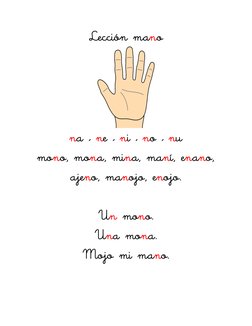 Lección mano 
 
 
 
 
 
na – ne – ni – no – nu 
mono, mona, mina, maní, enano, 
ajeno, manojo, enojo.  
 
Un mono. 
Una mona.