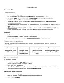 CONSTELLATIONS
Characteristics of Stars
I. Complete each statement
1.
Star color ranges from red to blue.
2.
Blue star is the