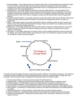 1. Precontemplation - In this stage, people do not intend to take action in the foreseeable future (defined as within
the nex