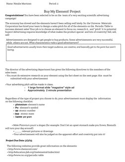 Name: Natalie Martinez                                Period: 2
Buy My Element! Project
Congratulations! You have been select