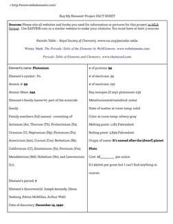 • http://www.webelements.com/
Buy My Element! Project FACT SHEET
Sources: Please site all websites and books you used for inf