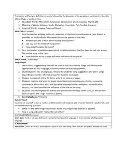 The teacher will first give definition of poetry followed by the discussion of the purpose of poetic devices then the 
differ