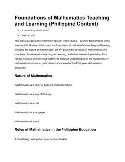Foundations of Mathematics Teaching
and Learning (Philippine Context)

RYAN BERNIDO NETWORK

MAR 14, 2022
This article pres