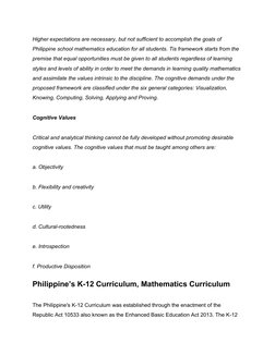 Higher expectations are necessary, but not sufficient to accomplish the goals of 
Philippine school mathematics education for