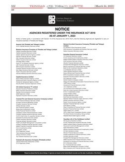 552
[March 24, 2023]
409 
Assuria Life (Trinidad and Tobago) Limited
S.D.R. Nandlal Advisory Services Limited
Bankers Insuran