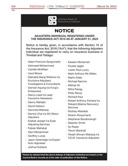 558
[March 24, 2023]
412
NOTICE
ADJUSTERS INDIVIDUAL REGISTERED UNDER
THE INSURANCE ACT 2018 AS AT JANUARY 01, 2023
· Adam Fr