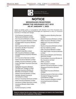 [March 24, 2023]
559
413
NOTICE
BROKERAGES REGISTERED
UNDER THE INSURANCE ACT 2018
AS AT JANUARY 1, 2023
· 21st Century Insur